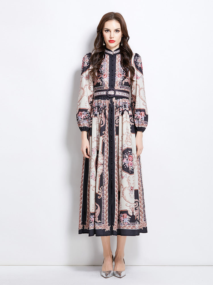 Original Design Spring/Summer Oil Painting Flower Pattern Wrapped Mid length Dress
