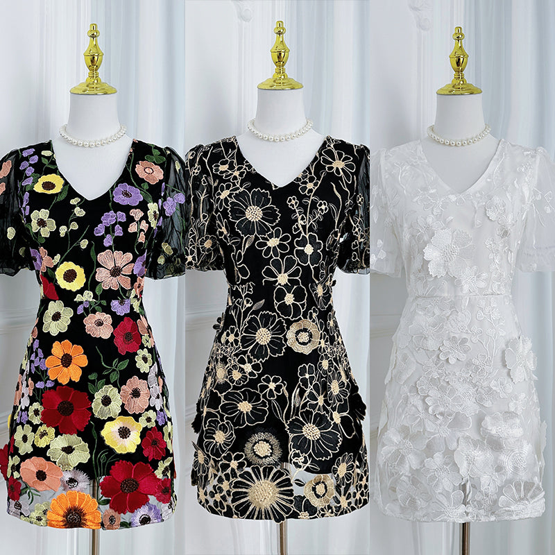 Original Design Heavy Industry Embroidery Boutique Handmade Color Customized Flower V-neck Bubble Sleeve Wrap Hip Dress