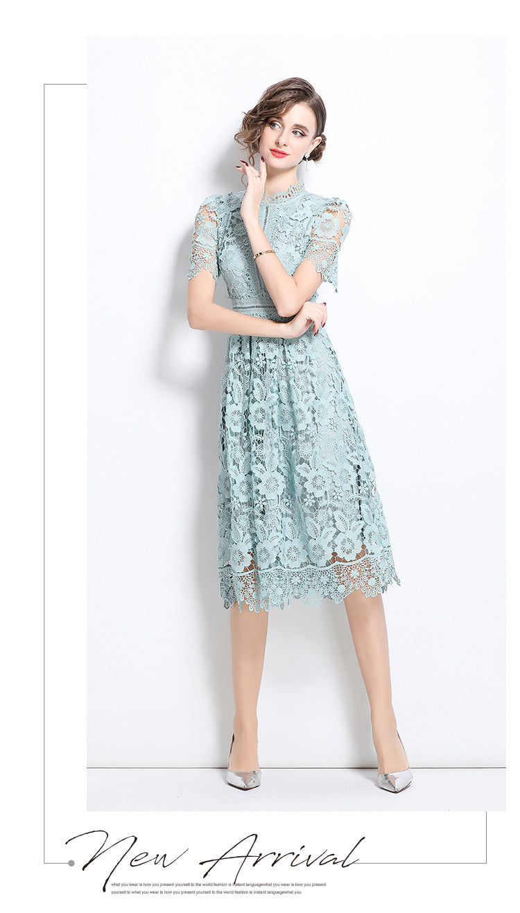 Original design short sleeved slimming hollow out water-soluble lace positioning mid length dress