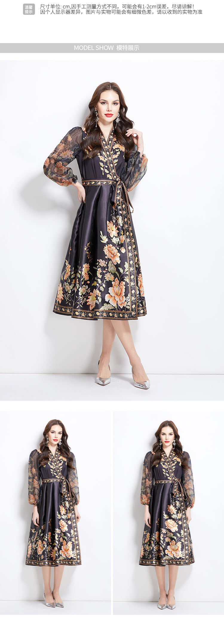 Original design for spring and summer V-neck ethnic style printed satin wrapped long length dress
