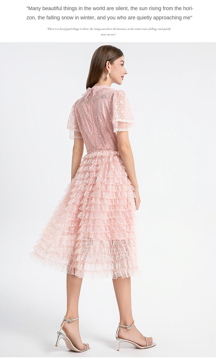 Original design short sleeved French sweet lace lace cake skirt with nail and diamond waist cinching temperament dress