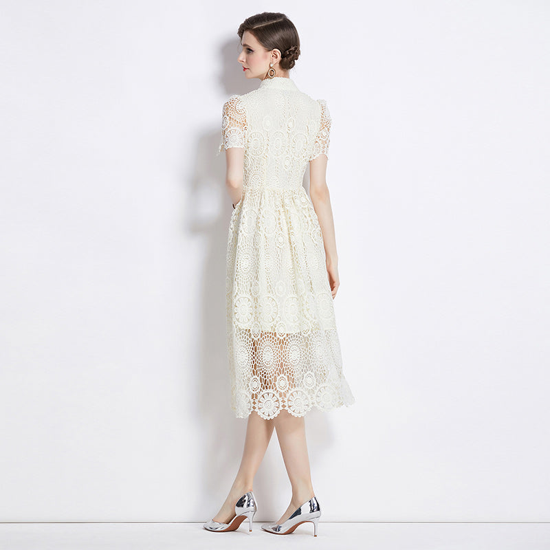 Original design niche dress new style temperament, waist cinching and slimming, hollow out water-soluble lace long skirt