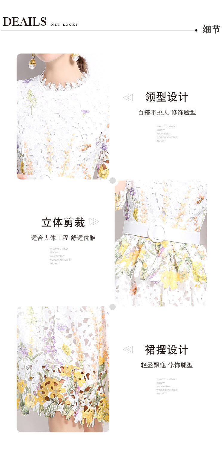 Original design mid long sleeved fashionable slimming hollow out water-soluble lace positioning mid length dress