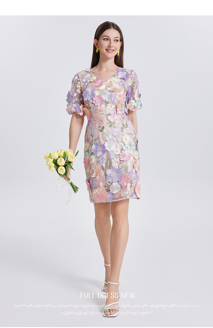 Original Design Heavy Industry Embroidery Boutique Handmade Color Customized Flower V-neck Bubble Sleeve Wrap Hip Dress