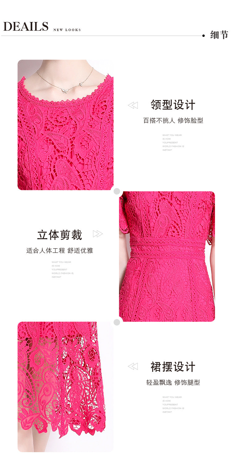 Original design temperament short sleeved skirt slim fit waist cinching heavy industry water-soluble lace dress for women