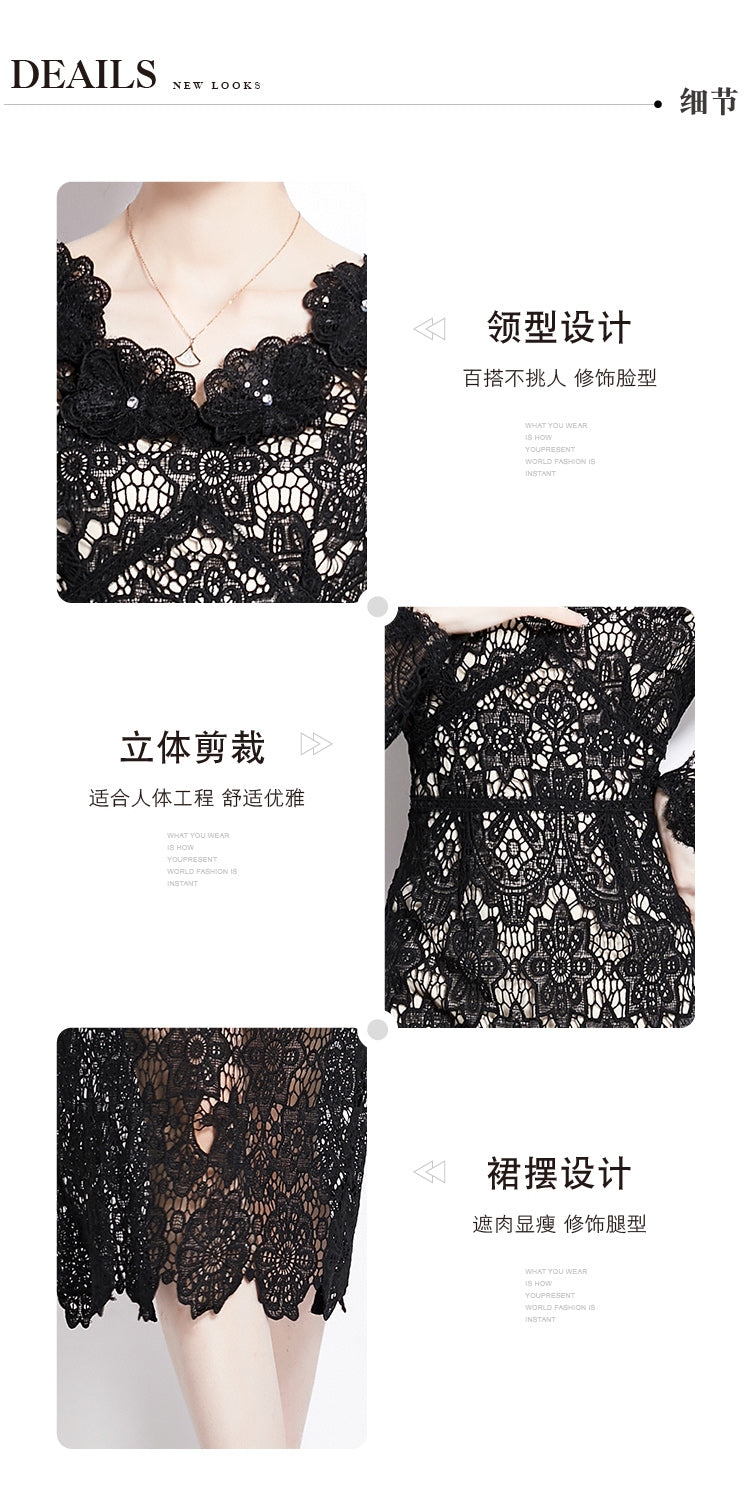 Original design for spring and summer water-soluble lace V-neck slim fit mid length dress for women