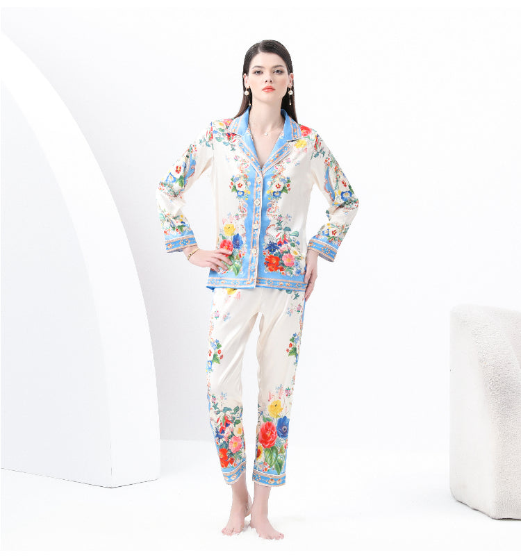 Original design spring/summer-autumn - casual trim pajama suit set with a suit collar long sleeves trousers print 2-piece set
