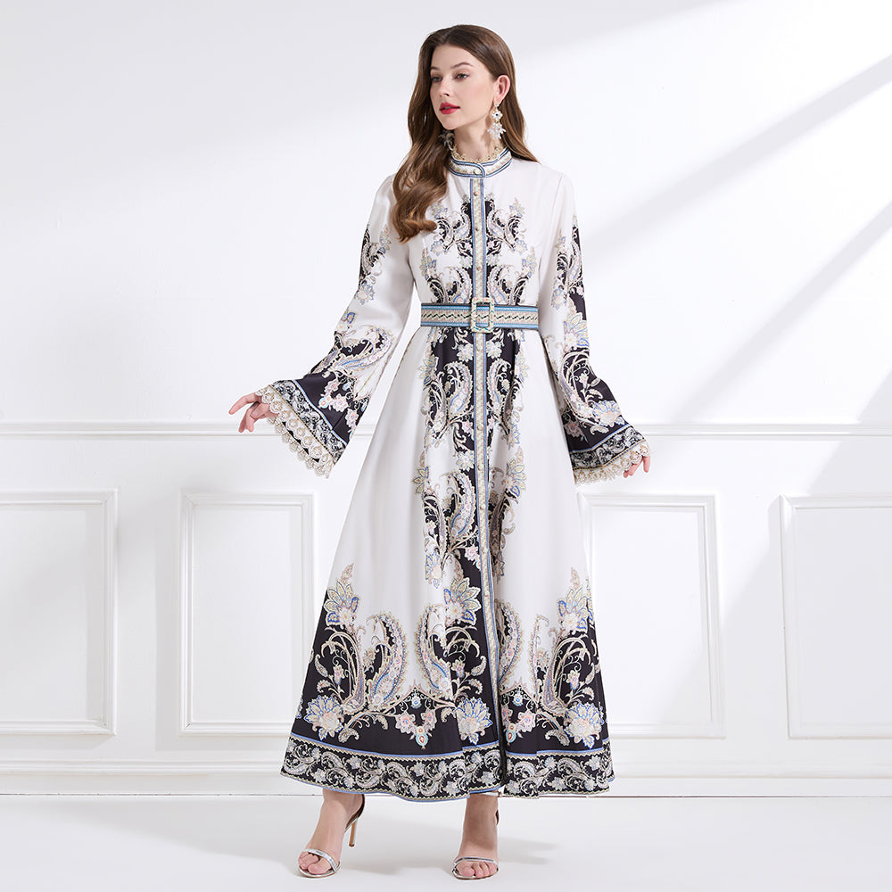Original design - court-style vintage stand-up collar lace print tunic with large hem waist