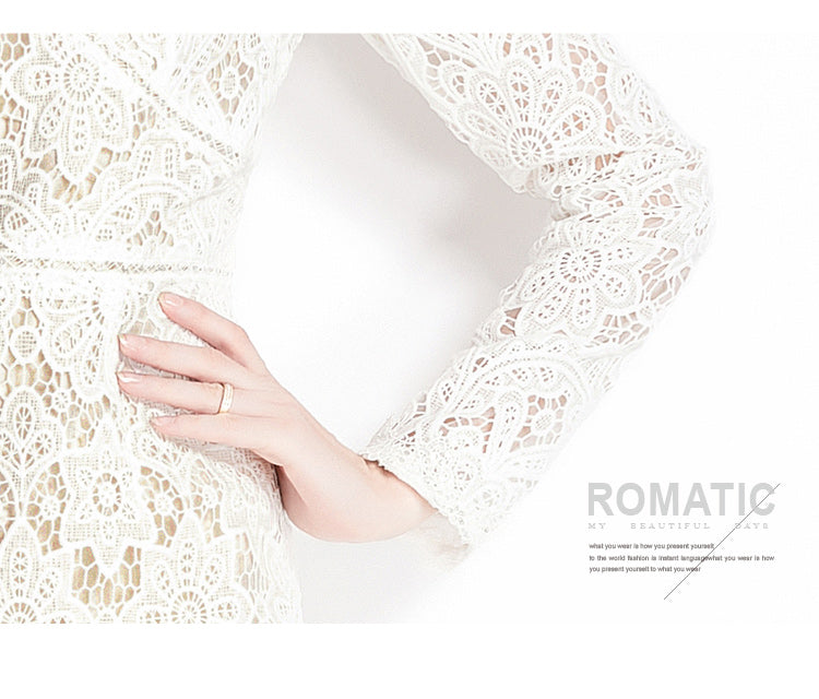 Original design for spring and summer water-soluble lace V-neck slim fit mid length dress for women