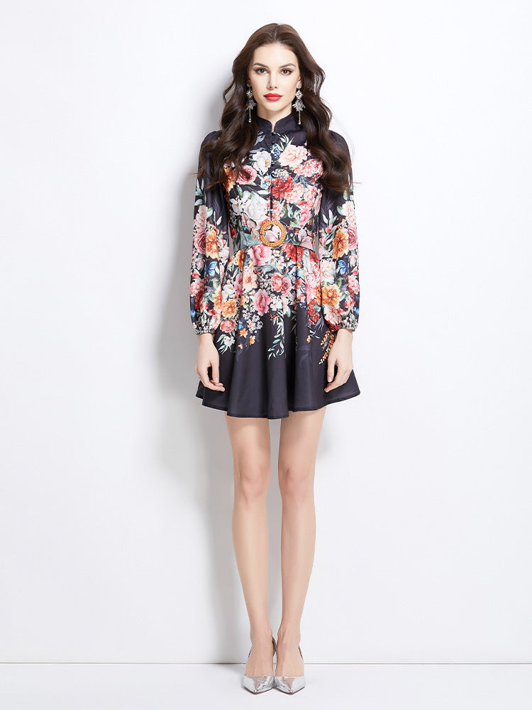 Original Design Spring/Summer Vacation Flower Oil Painting Style Stand up Collar Short Dress