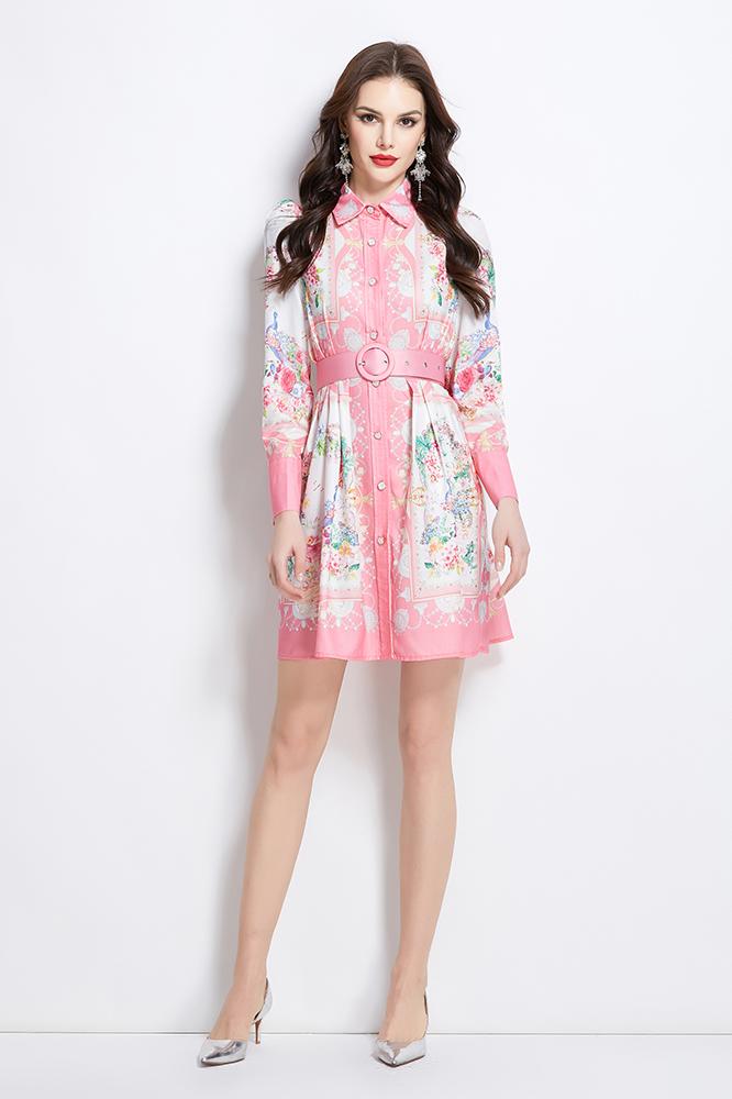 Original Design Spring/Summer/Autumn Vacation Retro Oil Painting Printed Collar Short Dress