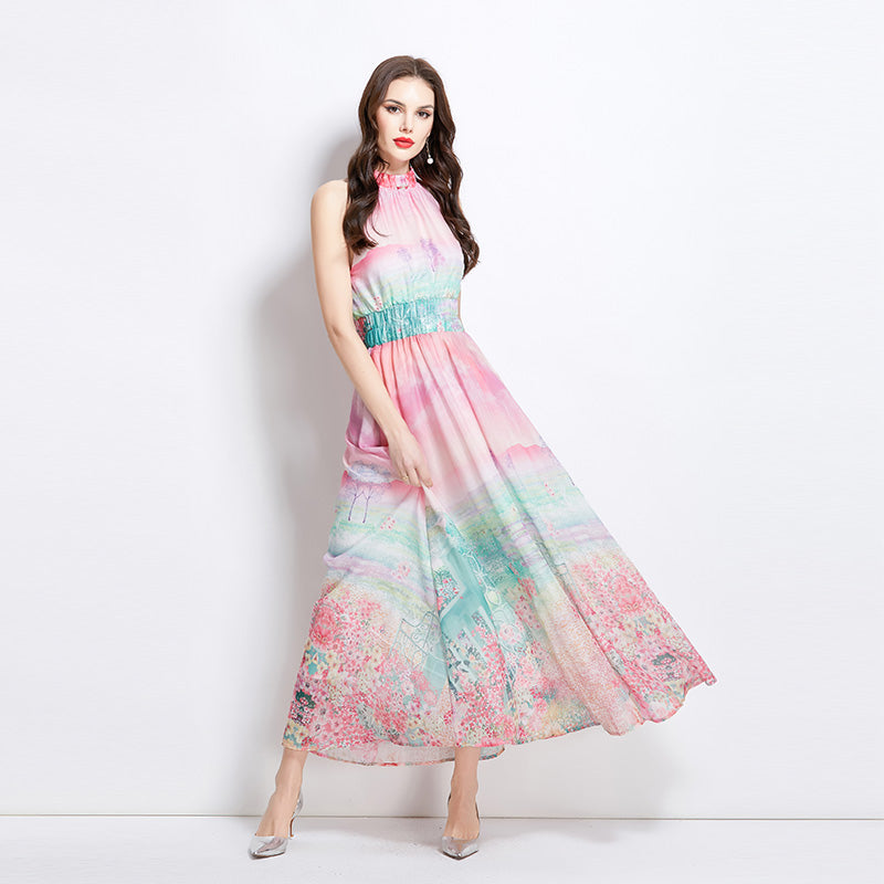 Original design: spring, summer, autumn vacation, new oil painting, flower print, halterneck maxi dress