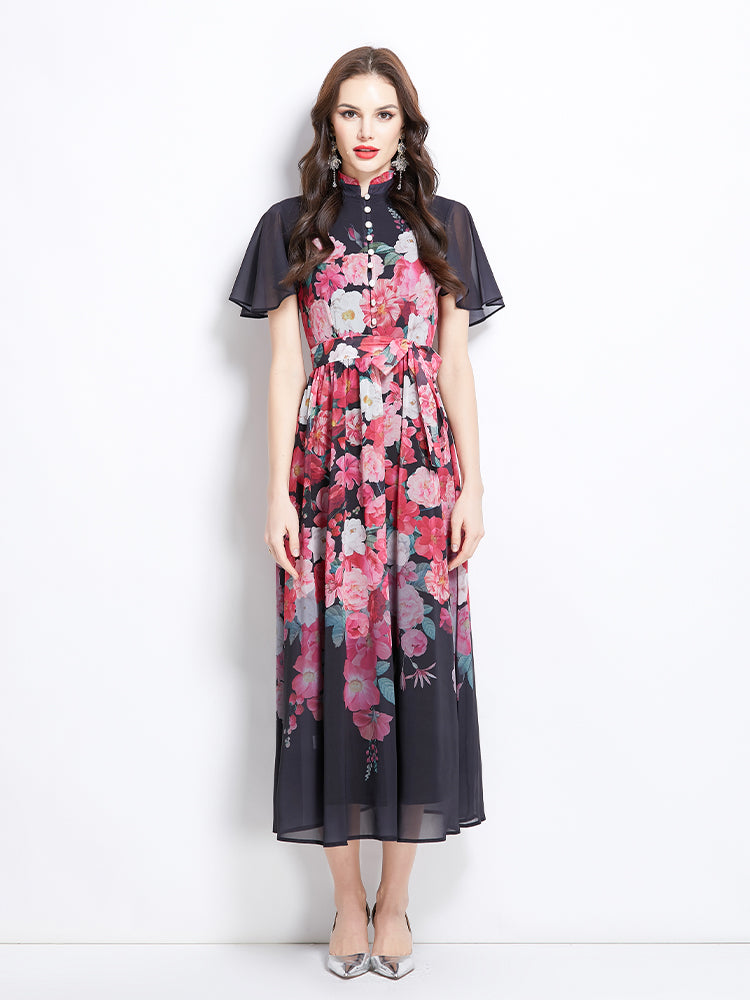 Original design for spring and summer small flying sleeves ruffled edges floral patterns colorful waist cinched stand up collar dress