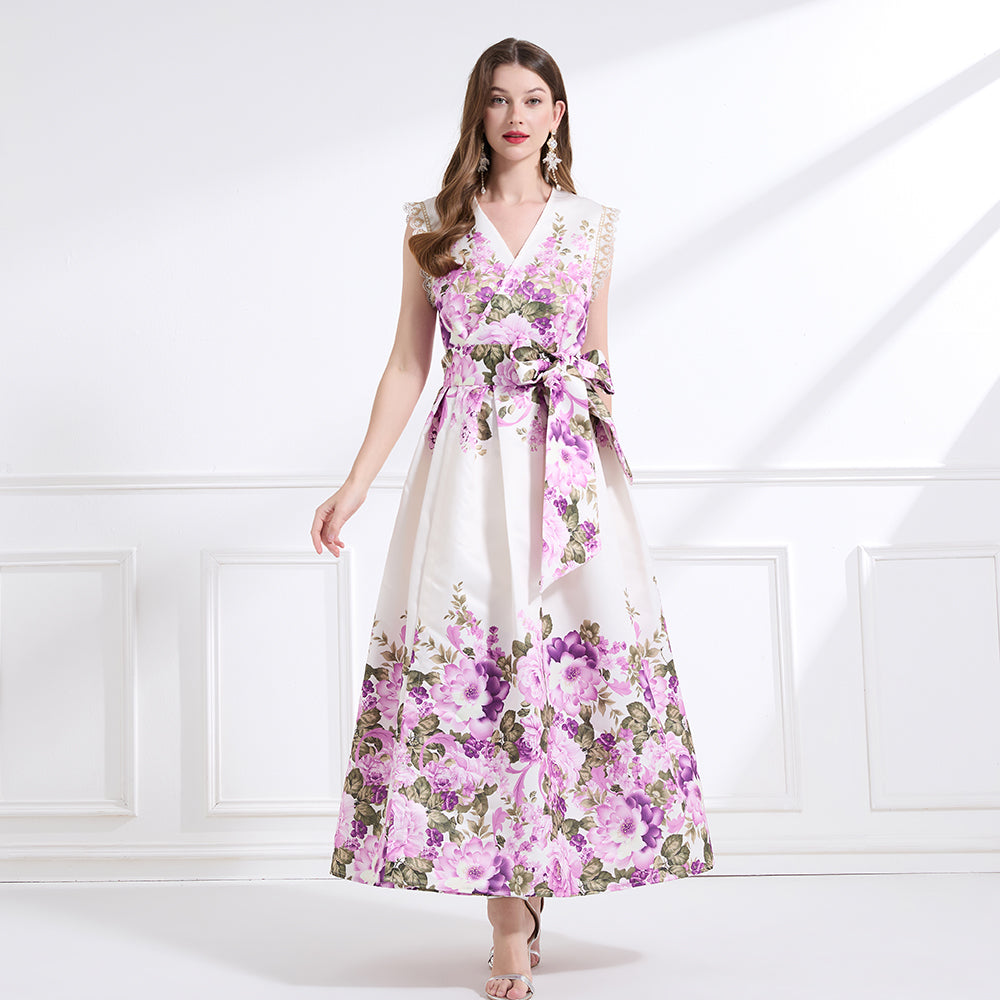 Original design - spring, summer and autumn fake wind, small flying sleeves, flower fairy print, seaside waist ruffle tie long skirt