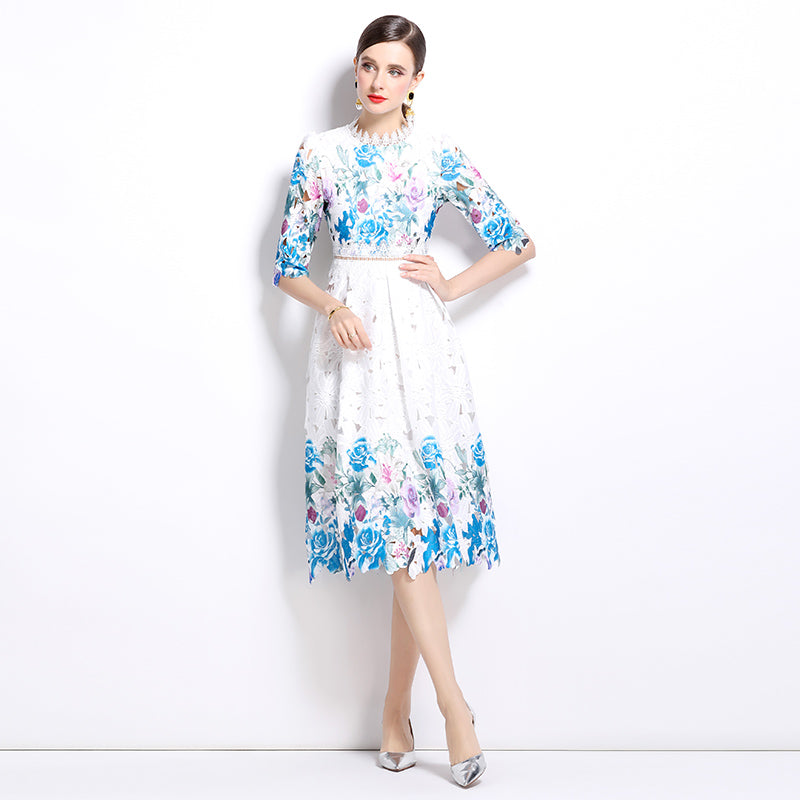 Original design mid long sleeved fashionable slimming hollow out water-soluble lace positioning mid length dress