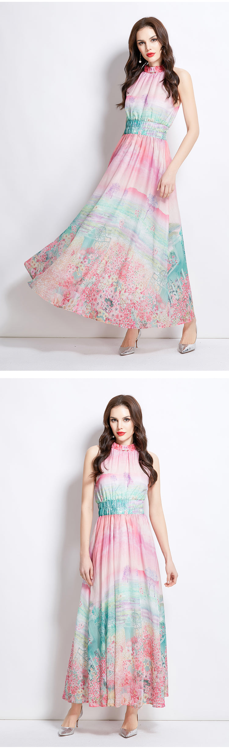 Original design: spring, summer, autumn vacation, new oil painting, flower print, halterneck maxi dress