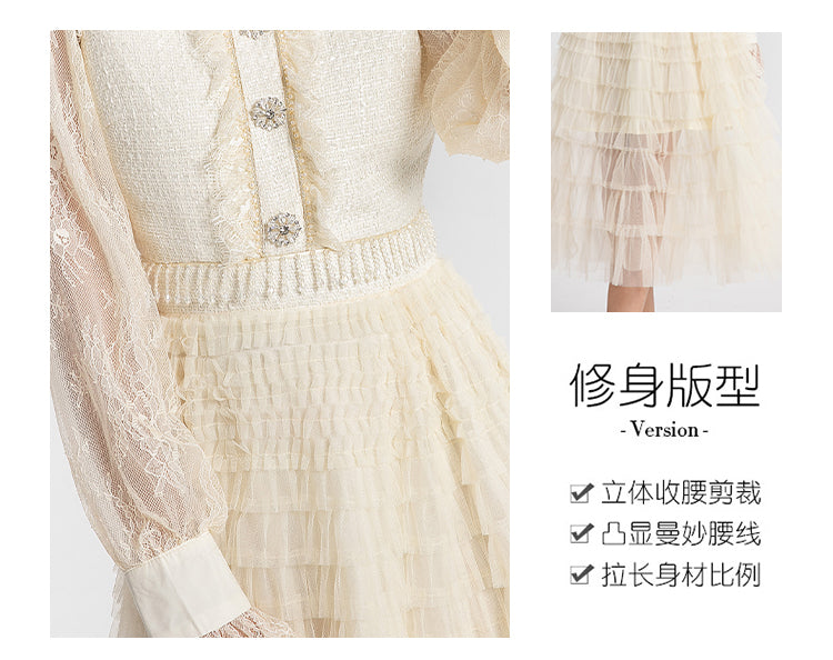 Women's clothing heavy art, coarse tweed splicing mesh cake skirt