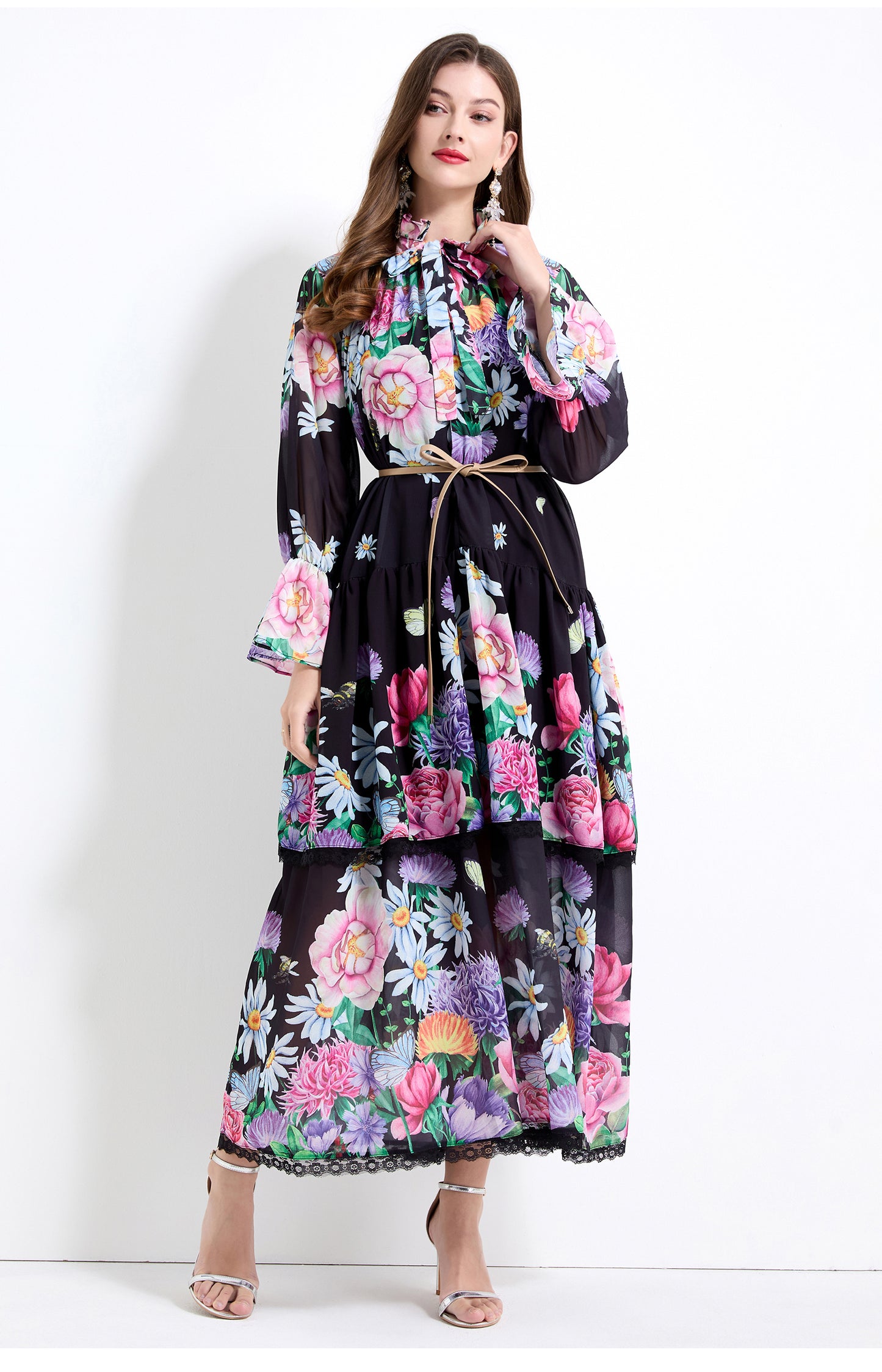 Original design - spring and summer fake lace cake skirt floral print waist ruffle skirt