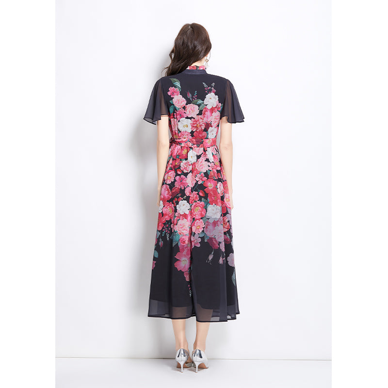Original design for spring and summer small flying sleeves ruffled edges floral patterns colorful waist cinched stand up collar dress