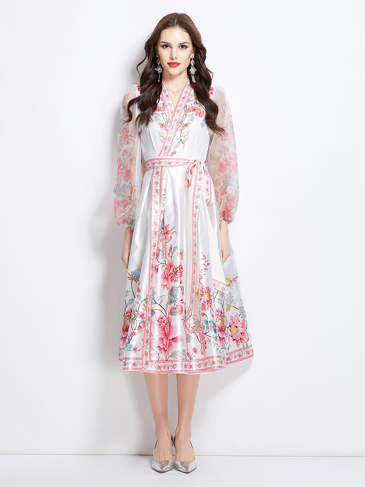 Original Design Spring/Summer V-neck Ethnic Style Printed Satin Wrapped Long Dress