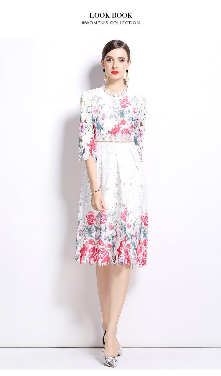 Original design mid long sleeved fashionable slimming hollow out water-soluble lace positioning mid length dress