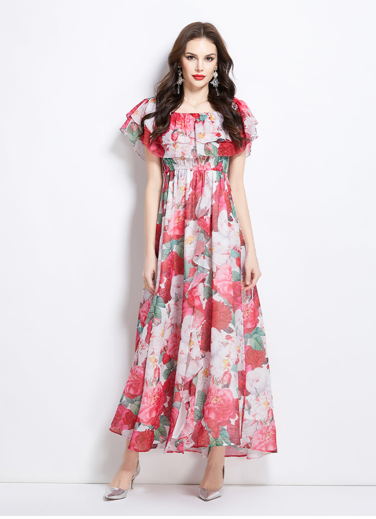 Original design for spring and summer ruffle edge one piece collar, waist cinched, big swing beach skirt, split chiffon dress