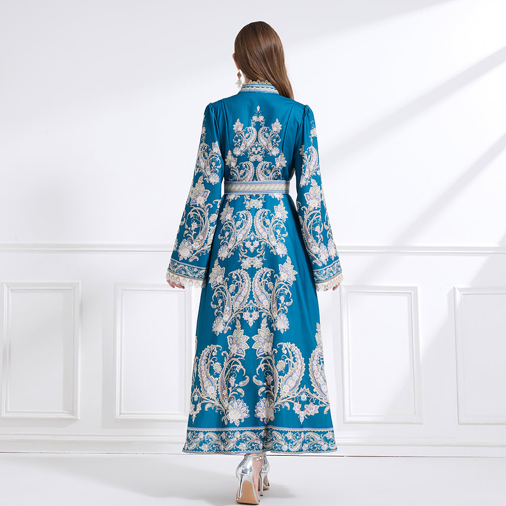 Original design - court-style vintage stand-up collar lace print tunic with large hem waist