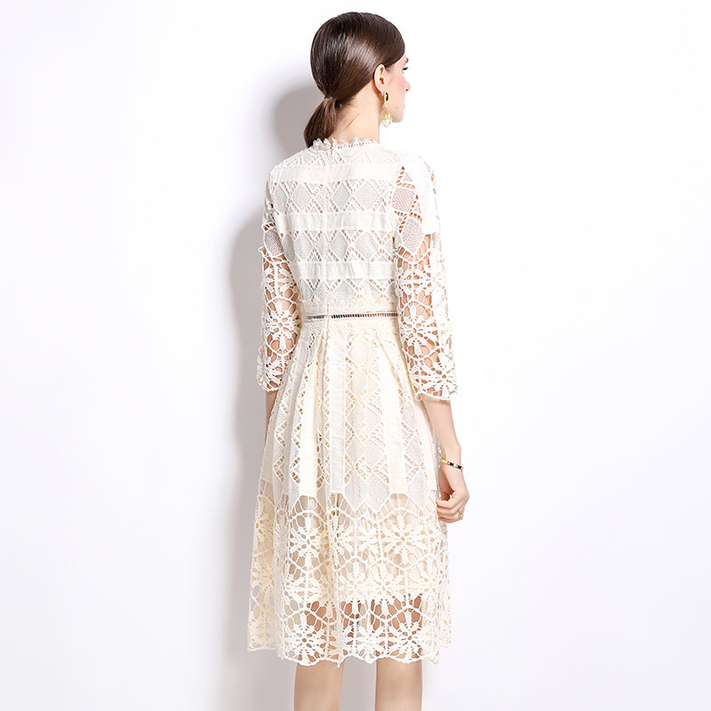 Original design mid long sleeved slimming hollow out water-soluble lace positioning printed mid length dress for spring, summer, autumn vacation