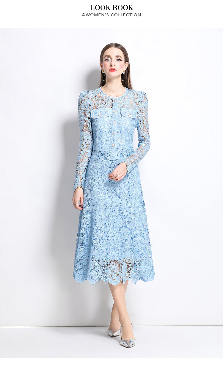 Original design for spring and summer small fragrance style set light luxury and high-end water-soluble lace skirt two-piece set