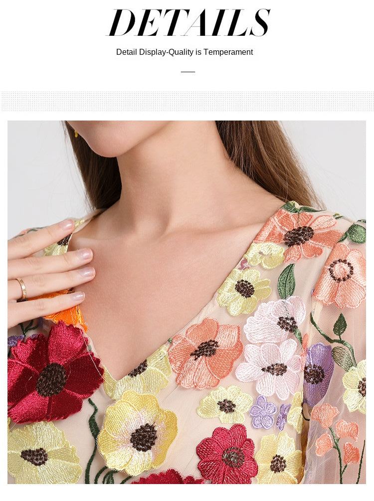 Meizhonggong boutique color handmade three-dimensional embroidered puff sleeve French pendulum dress