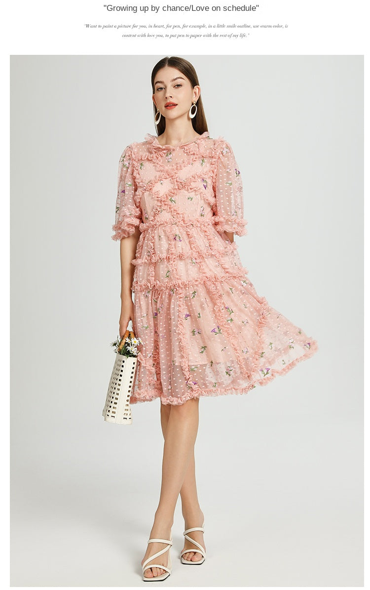 Artwork French romantic boutique custom gauze small floral embroidery short vintage cake dress