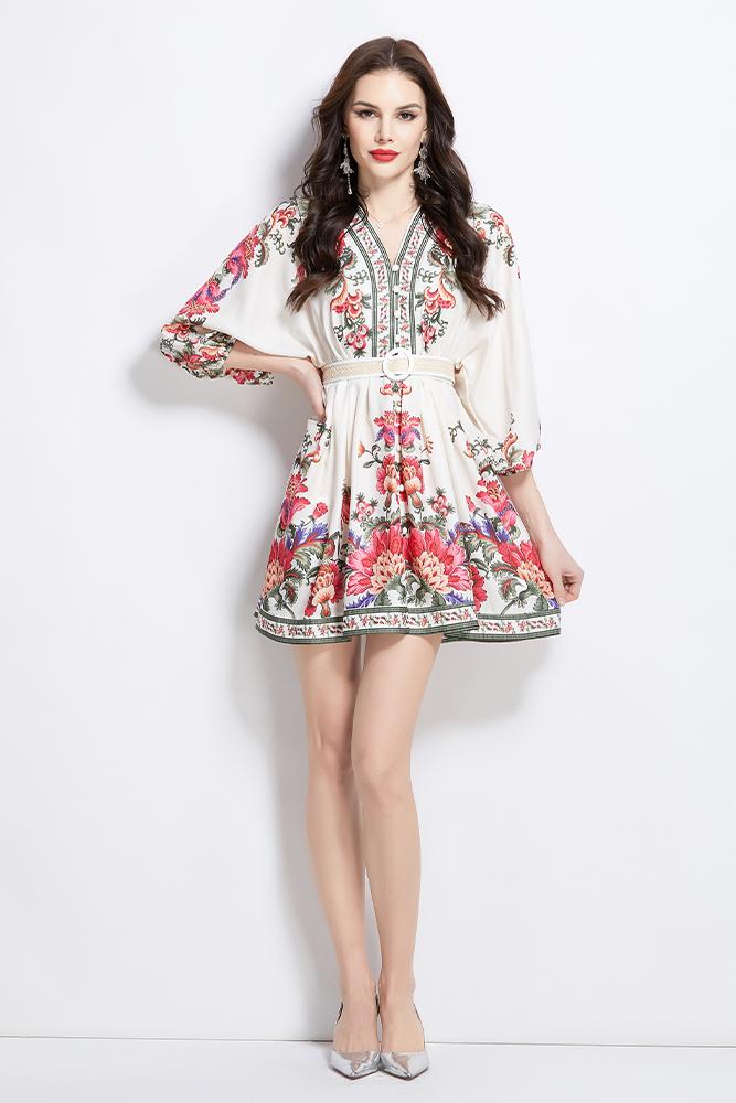 Original design spring summer autumn vacation ethnic style print elegant temperament short V-neck dress