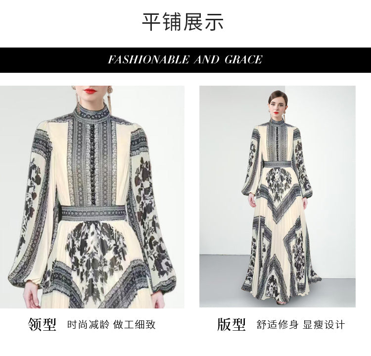 Original design for spring and summer printed evening gown, long pleated dress with large display
