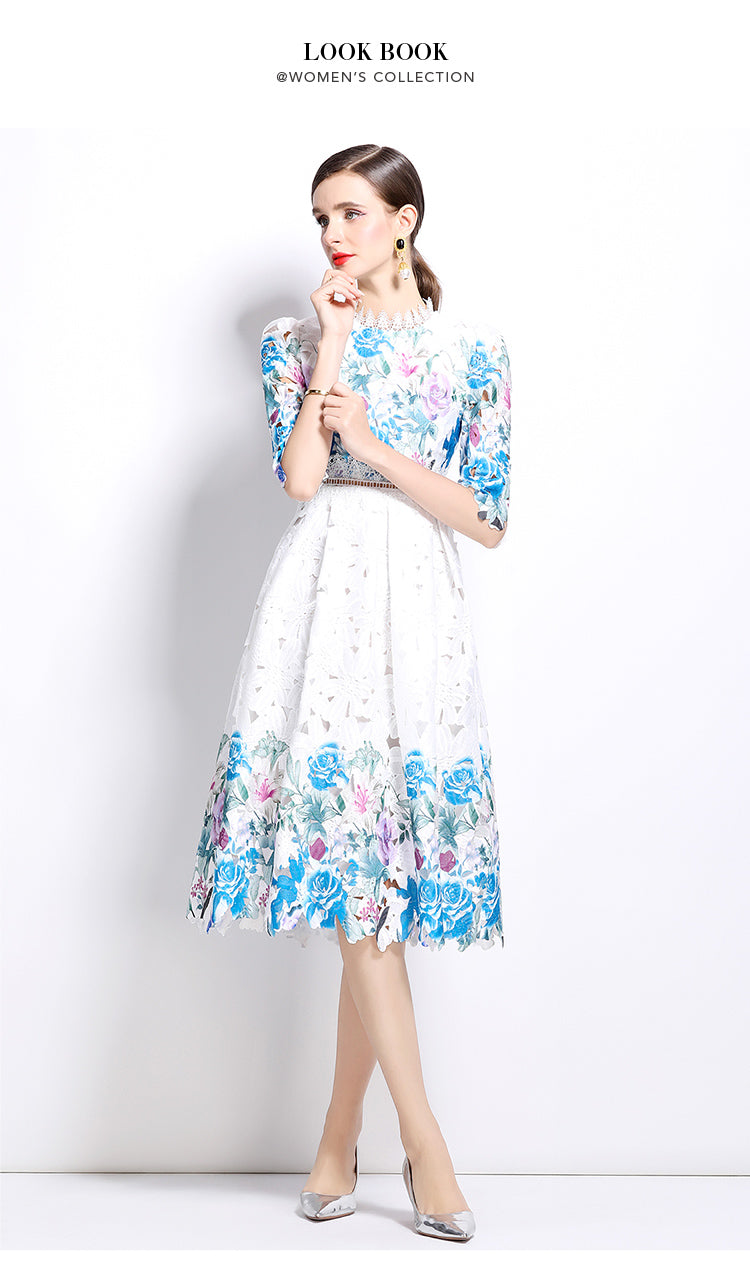 Original design mid long sleeved fashionable slimming hollow out water-soluble lace positioning mid length dress