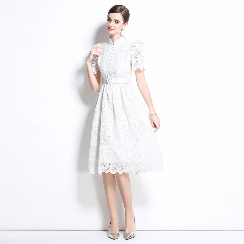 Original design elegant patchwork waist cinching short sleeved dress