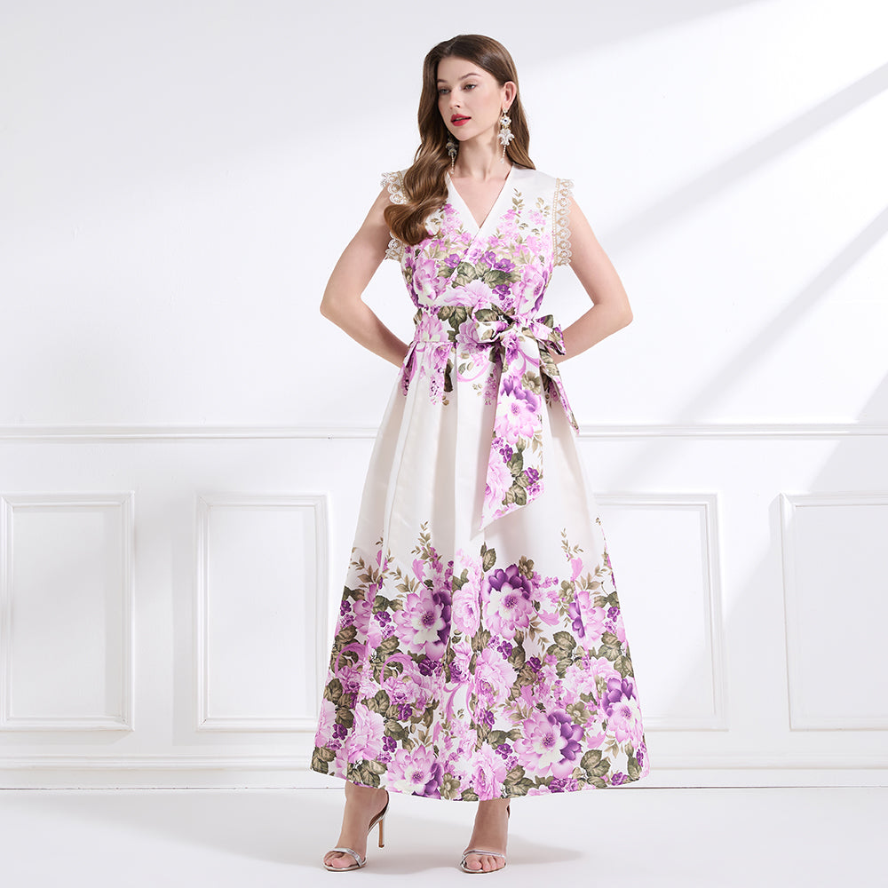 Original design - spring, summer and autumn fake wind, small flying sleeves, flower fairy print, seaside waist ruffle tie long skirt