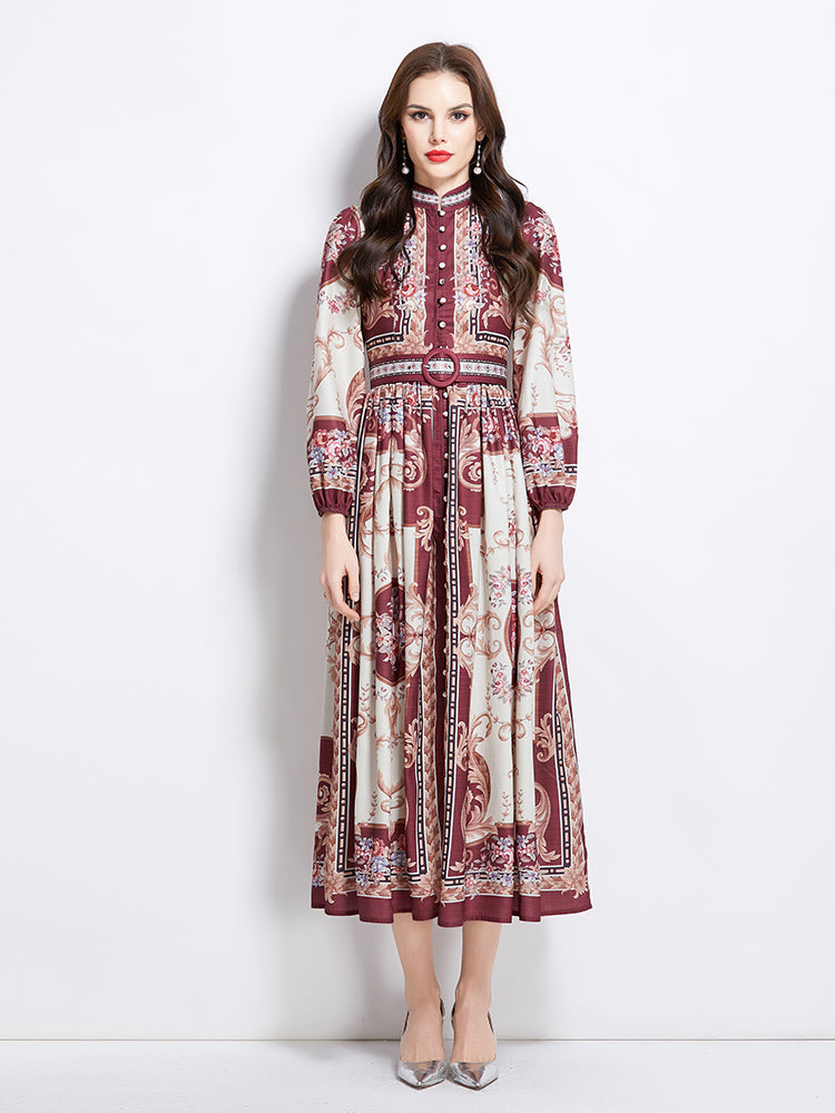 Original design: Spring/summer new court-style pattern stand-up collar long dress