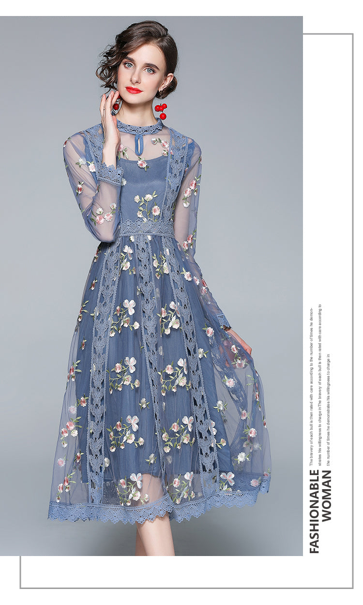 Original Design Heavy Industry Fine Embroidery Mesh French Long Style Super Fairy Sweet Dress