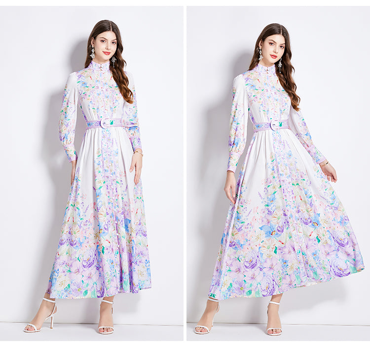 Original Design Spring/Summer Autumn Vacation New Flower Oil Painting Style Stand up Collar Long Dress