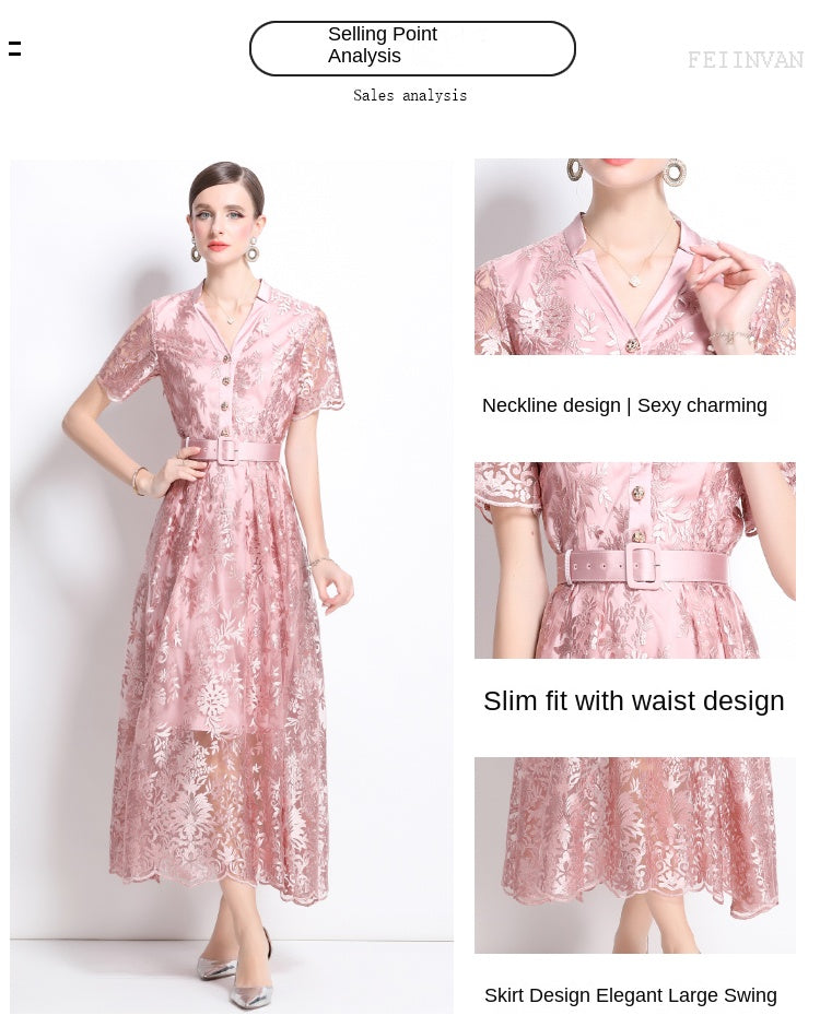 Original design mesh embroidered long dress with pockets, V-neck slim fit dress and belt