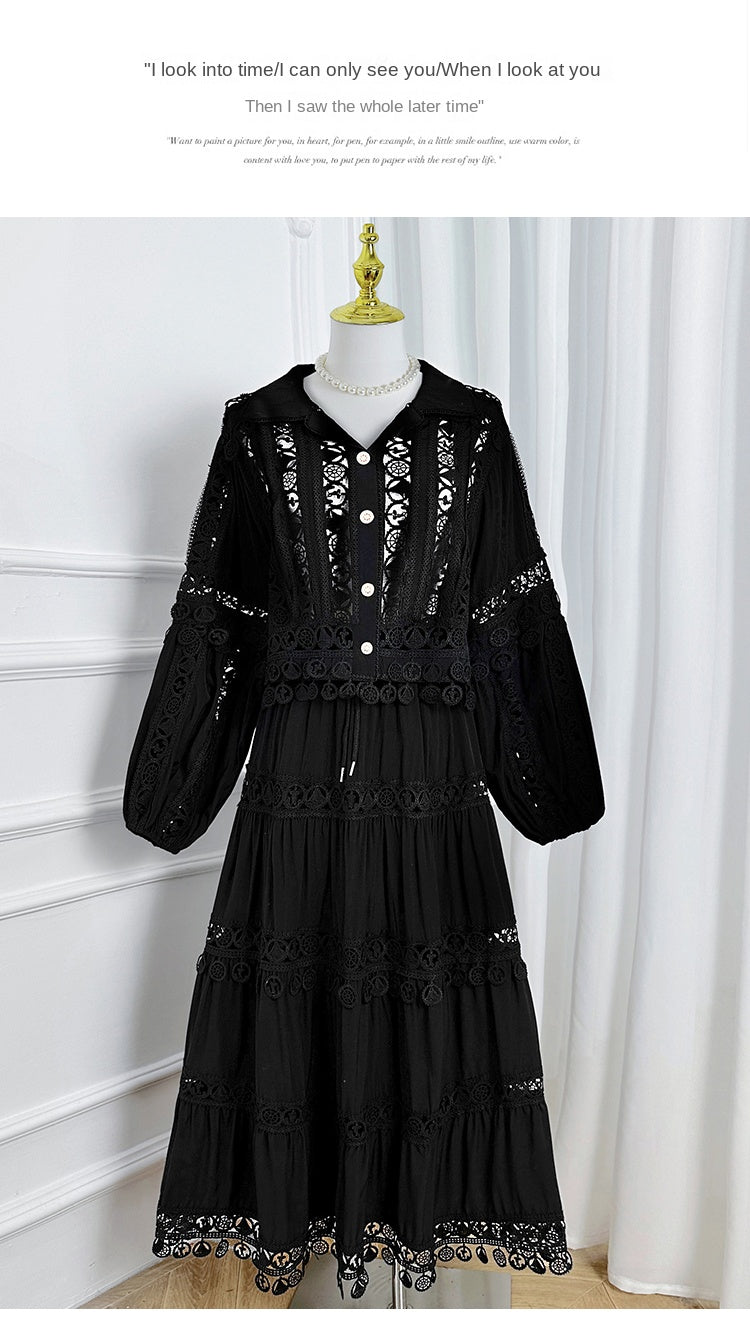 Meizhonggong boutique cut-out lapel lace stitched pendant lace maxi skirt set