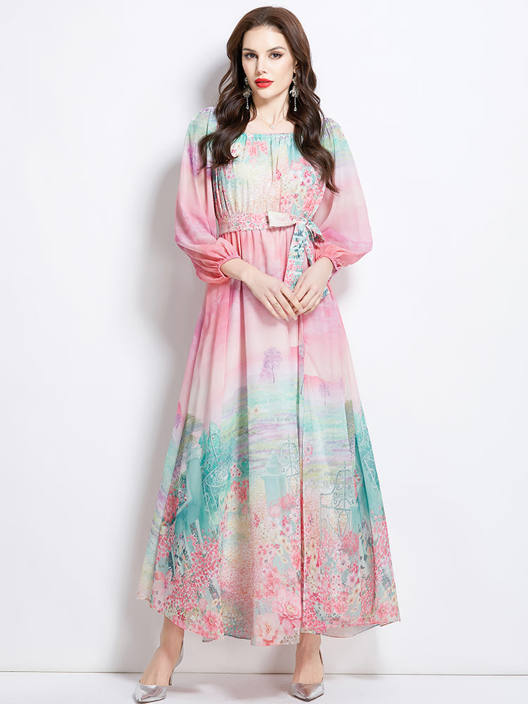 Original Design Spring/Summer Retro Flower One Shoulder Long Dress