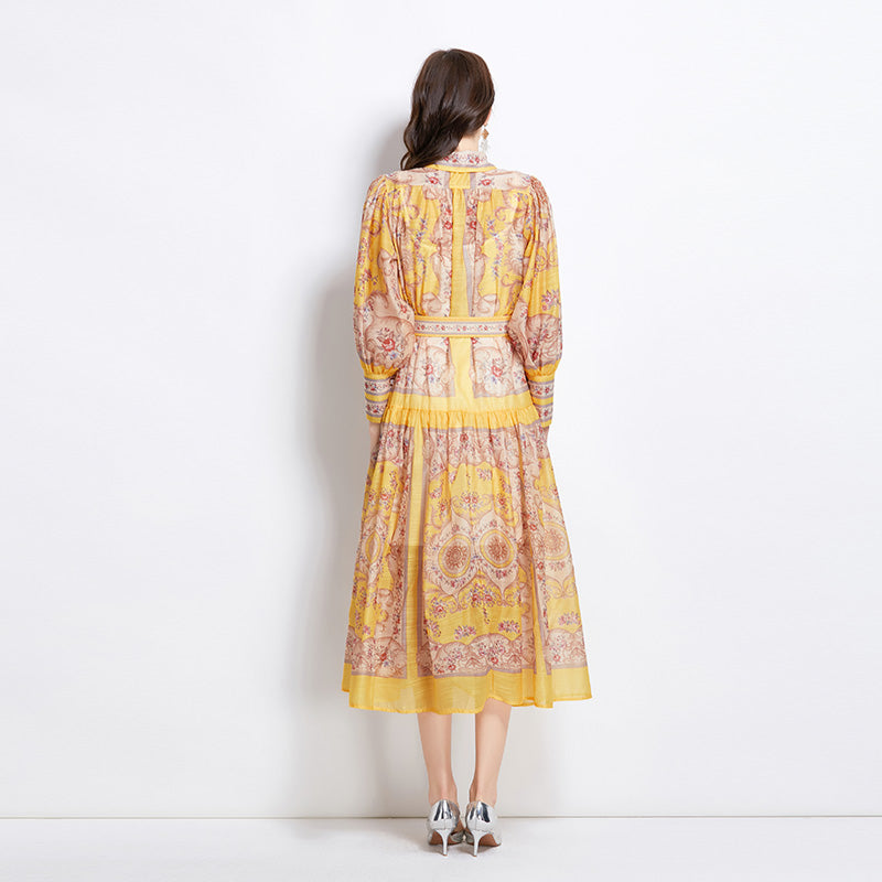Original Design Spring/Summer Autumn Vacation Classical Palace Style Printed Bouquet Waist Single breasted Long Dress