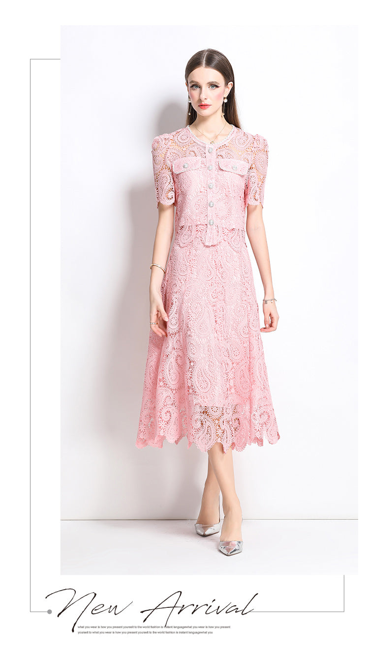 Original design for spring and summer small fragrance style set light luxury and high-end water-soluble lace skirt two-piece set