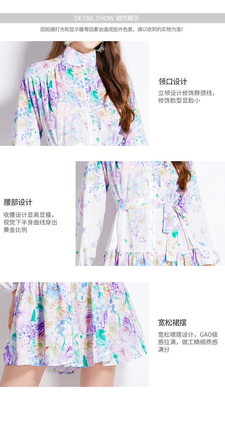 Original Design Spring/Summer Autumn Vacation New Flower Oil Painting Style Stand up Neck Short Dress