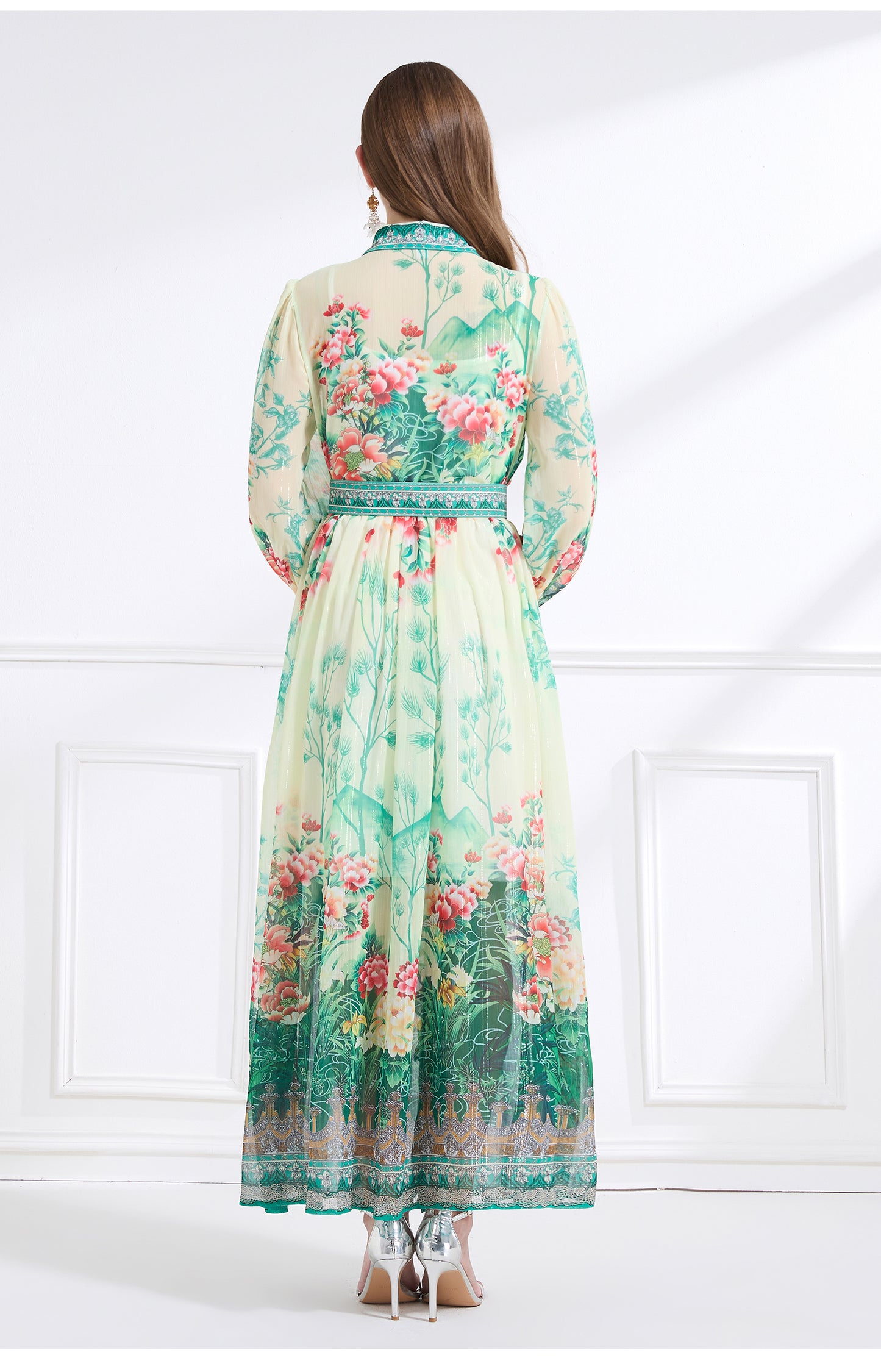 Original design - Spring/Summer, Autumn chiffon shirt collar print, long sleeves, cinched waist, ruffled maxi skirt