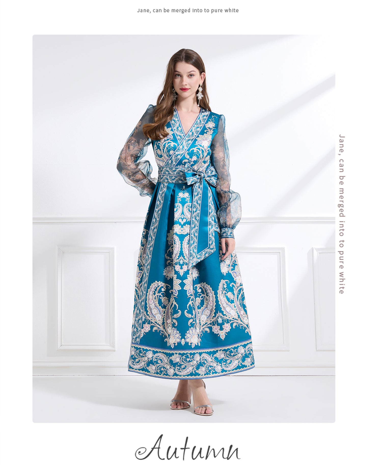 Original design - spring and summer resort style lace patchwork print waist maxi skirt ruffle dress