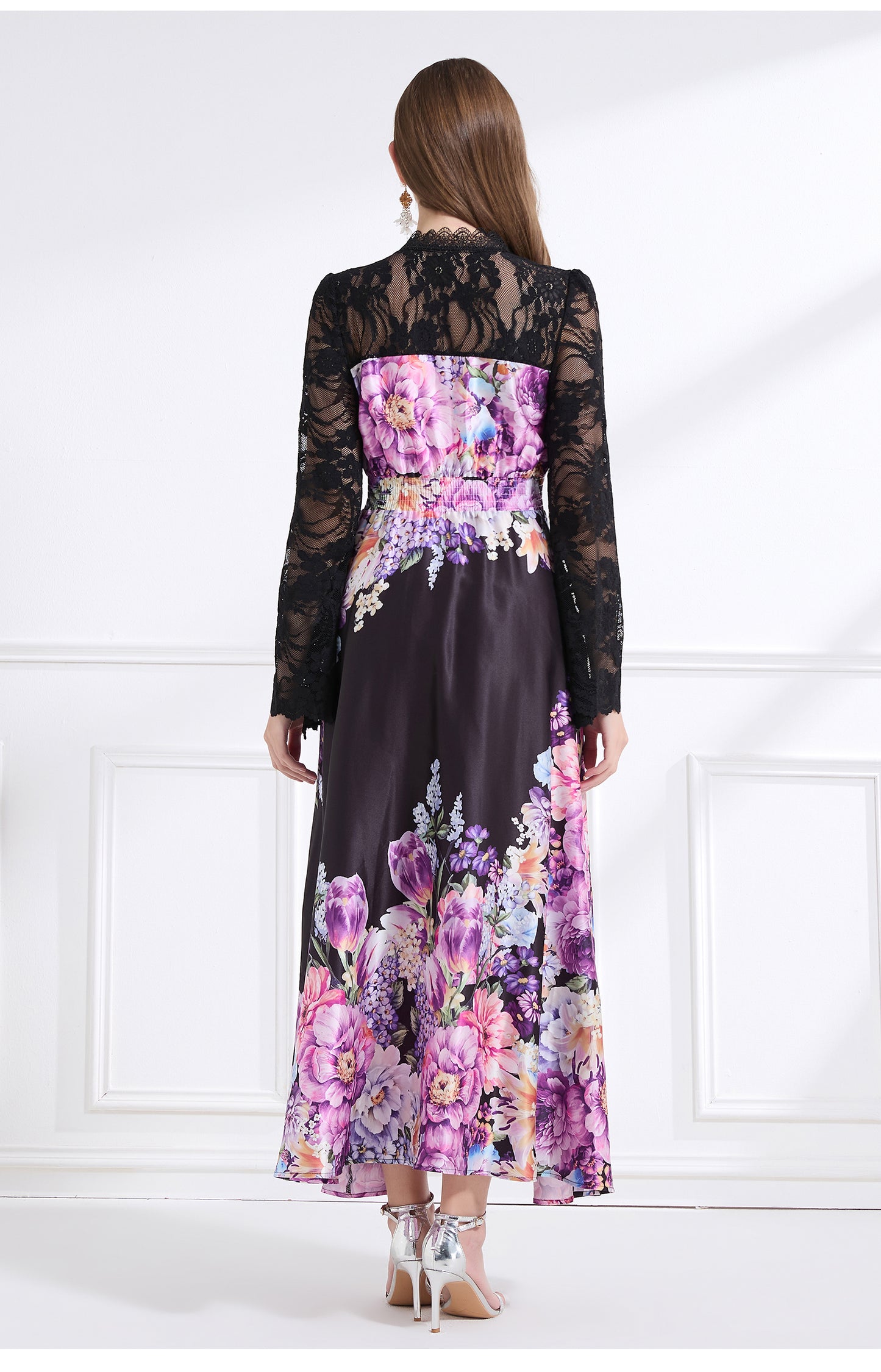 Original design - resort-inspired lace patchwork print cinched waist maxi dress with ruffles