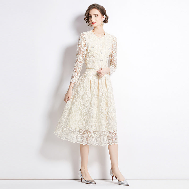 Original design for spring and summer long sleeved small fragrance style set light luxury temperament water-soluble lace skirt two-piece set