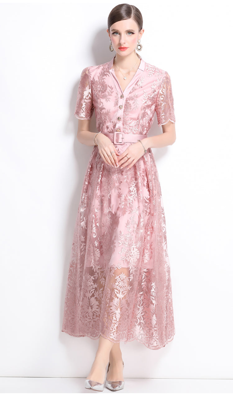 Original design mesh embroidered long dress with pockets, V-neck slim fit dress and belt